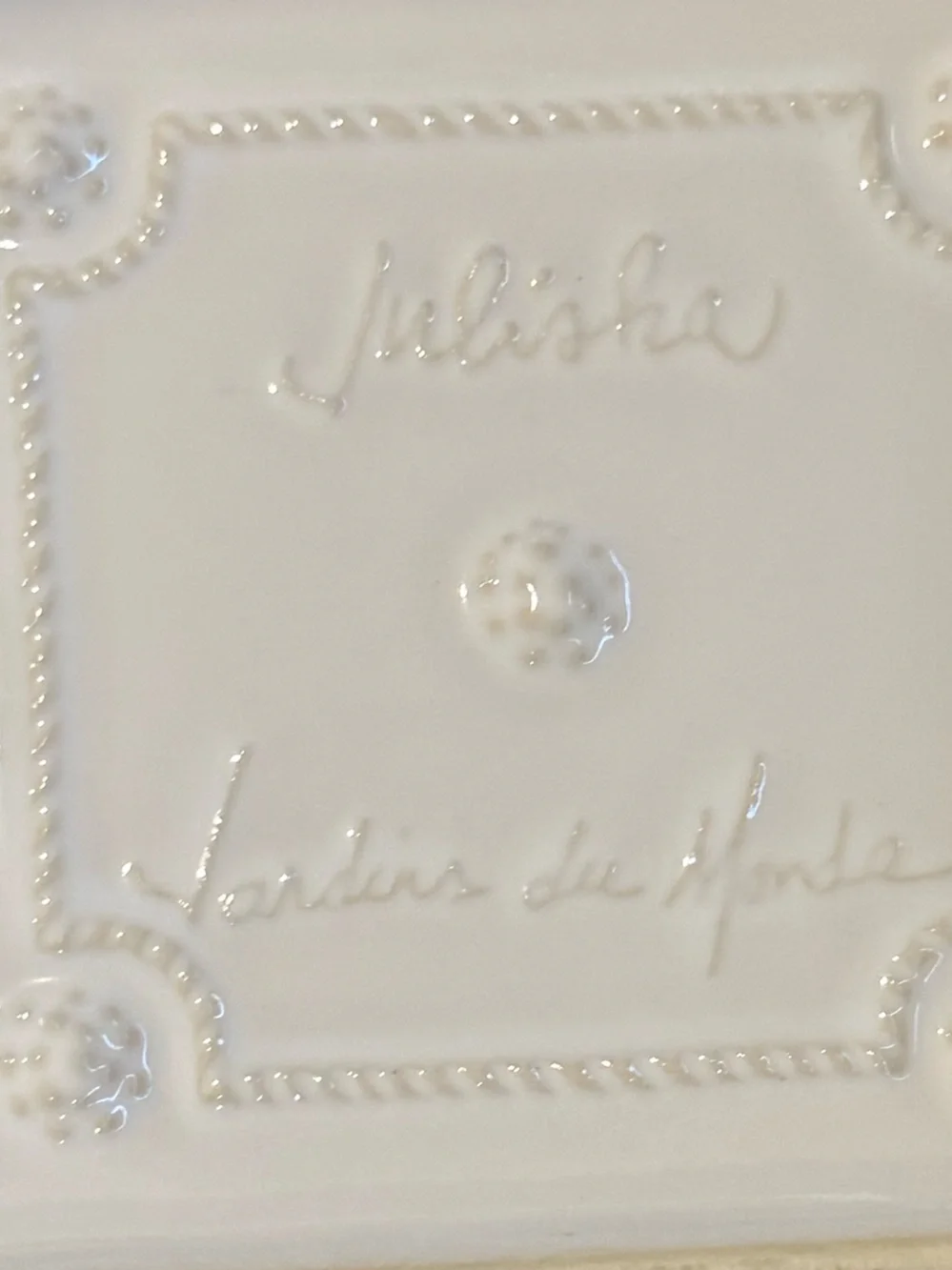 Juliska Cream Ceramic Square Dish with Embossed Floral Rope Motif - Picture 3 of 5